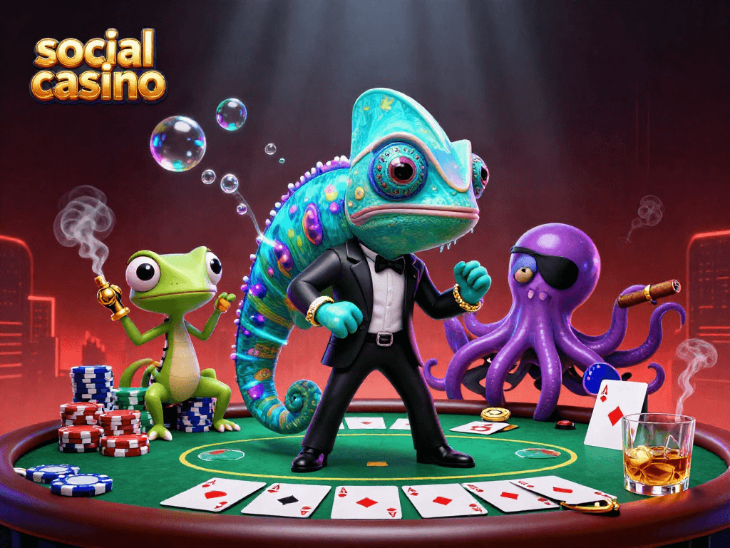 Engaging scene featuring characters in a social casino playing poker with vibrant visuals.