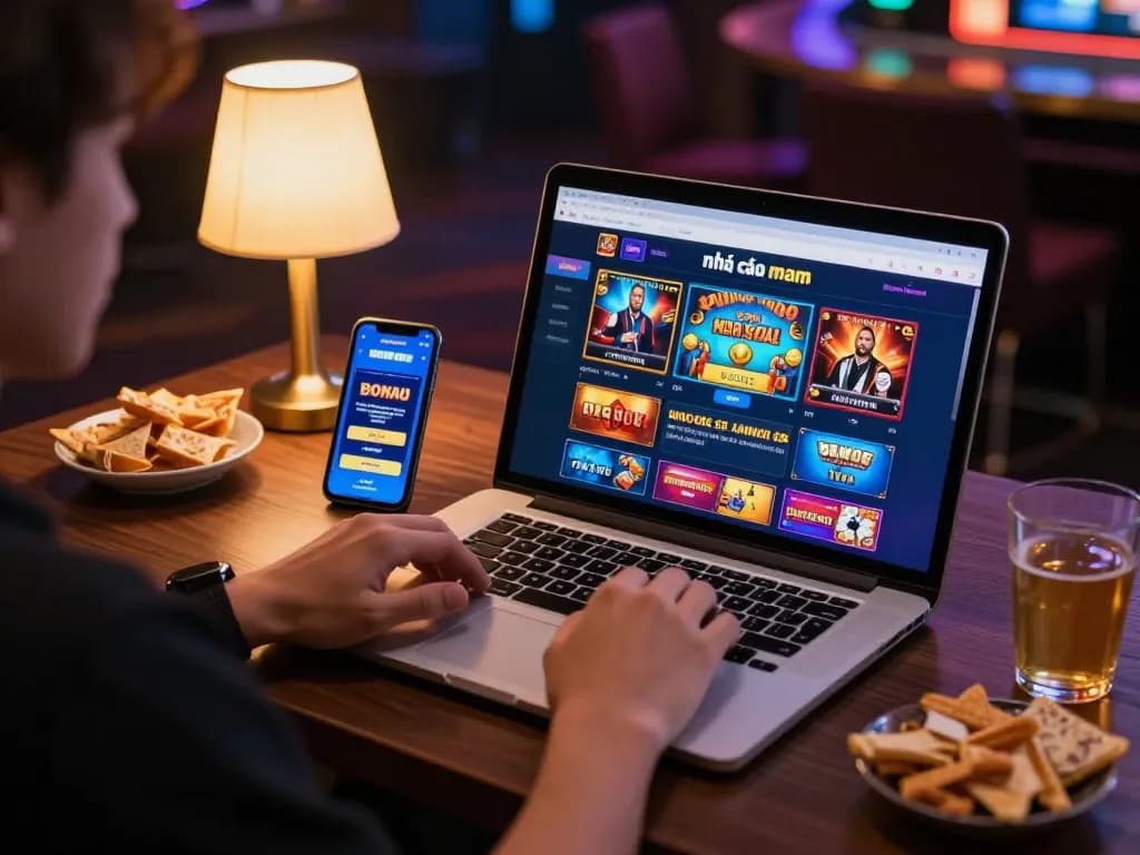 Engaged player enjoying games at nhà cái vmax online casino gaming setup.