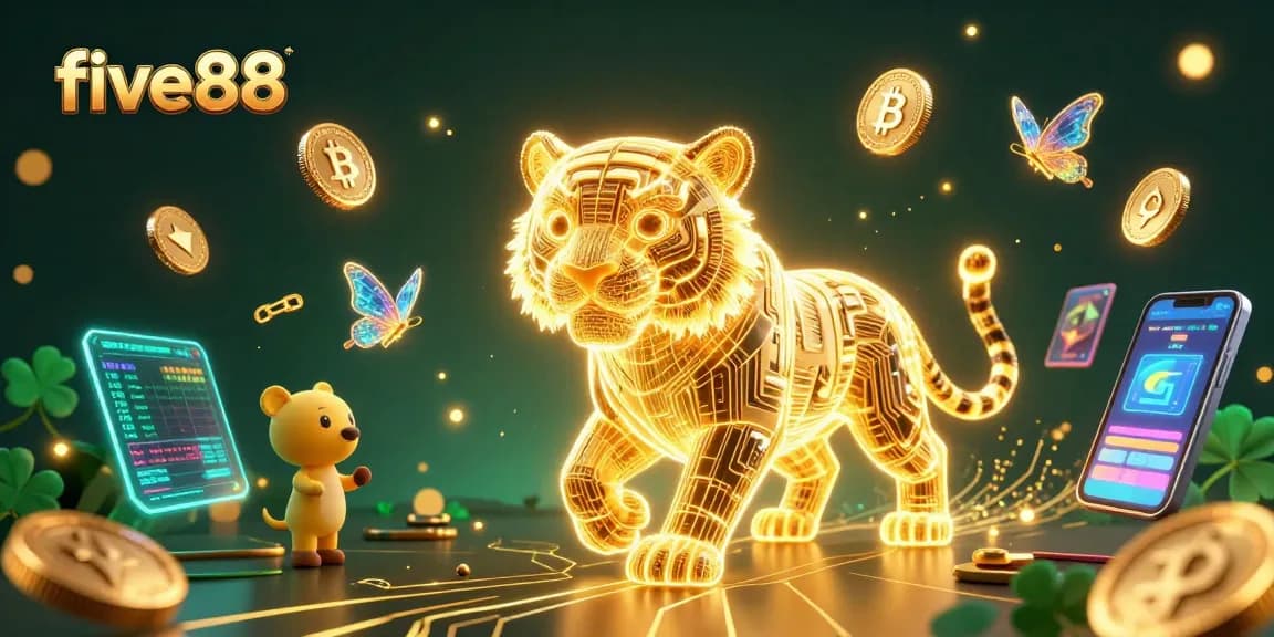 Experience the thrill of five88's dynamic digital casino with vibrant 3D characters and crypto elements.
