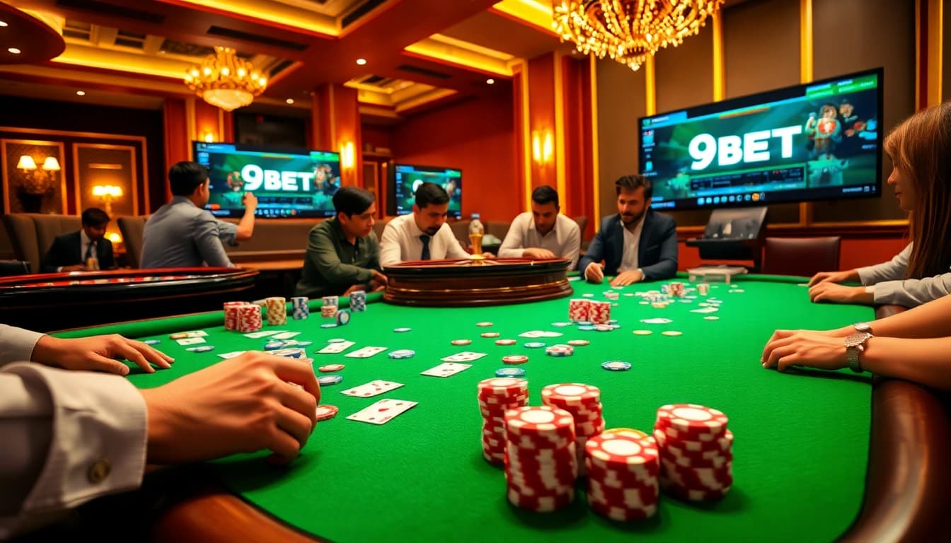 Experience the thrill of 9BET with casino tables, poker chips, and an exciting gaming atmosphere.