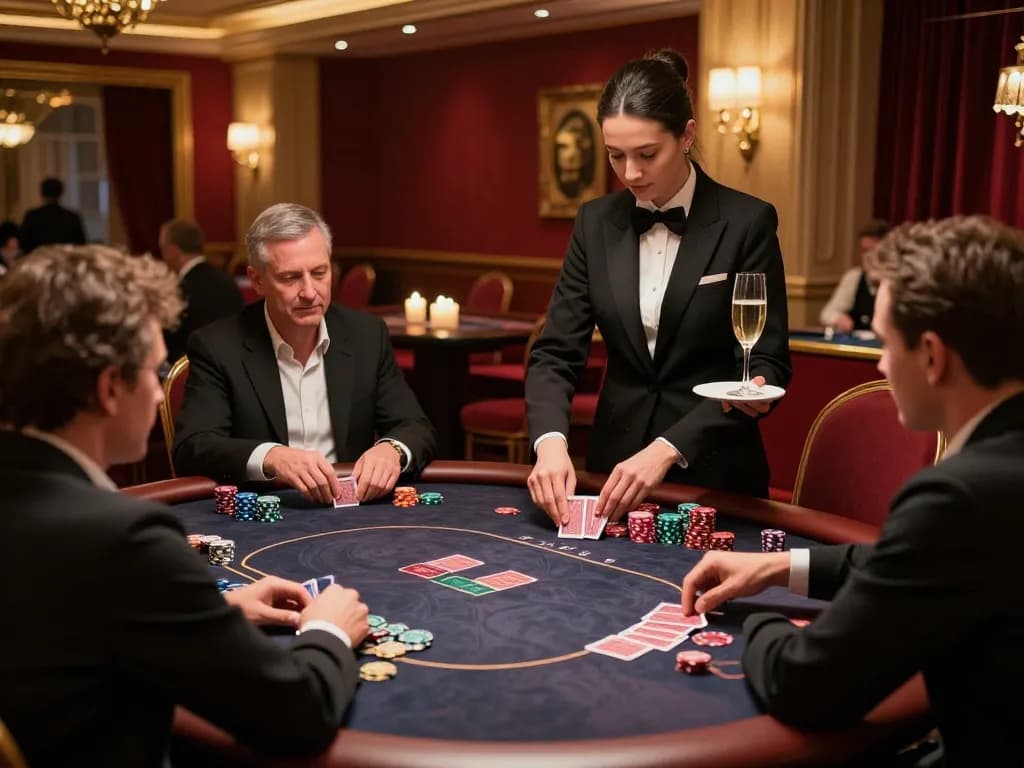 VA88 players enjoying strategic gameplay in a luxurious casino setting with dealer and champagne service.