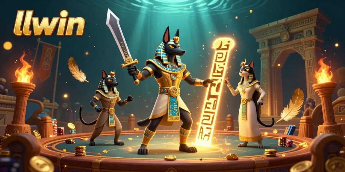 Engage with llwin's thrilling online gambling scene featuring ancient Egyptian characters battling in a vibrant casino.
