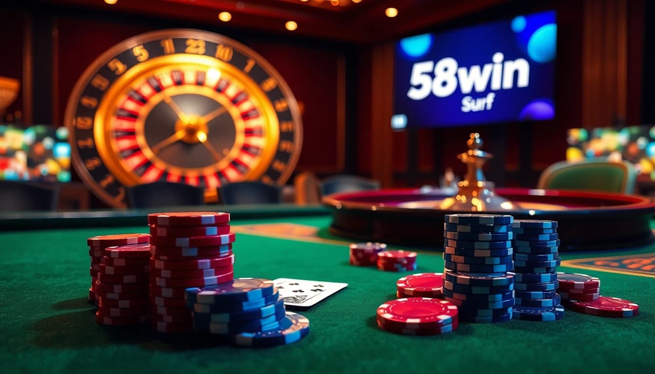 Experience luxury at https://58win.surf/ with a captivating casino table and vibrant gaming elements.
