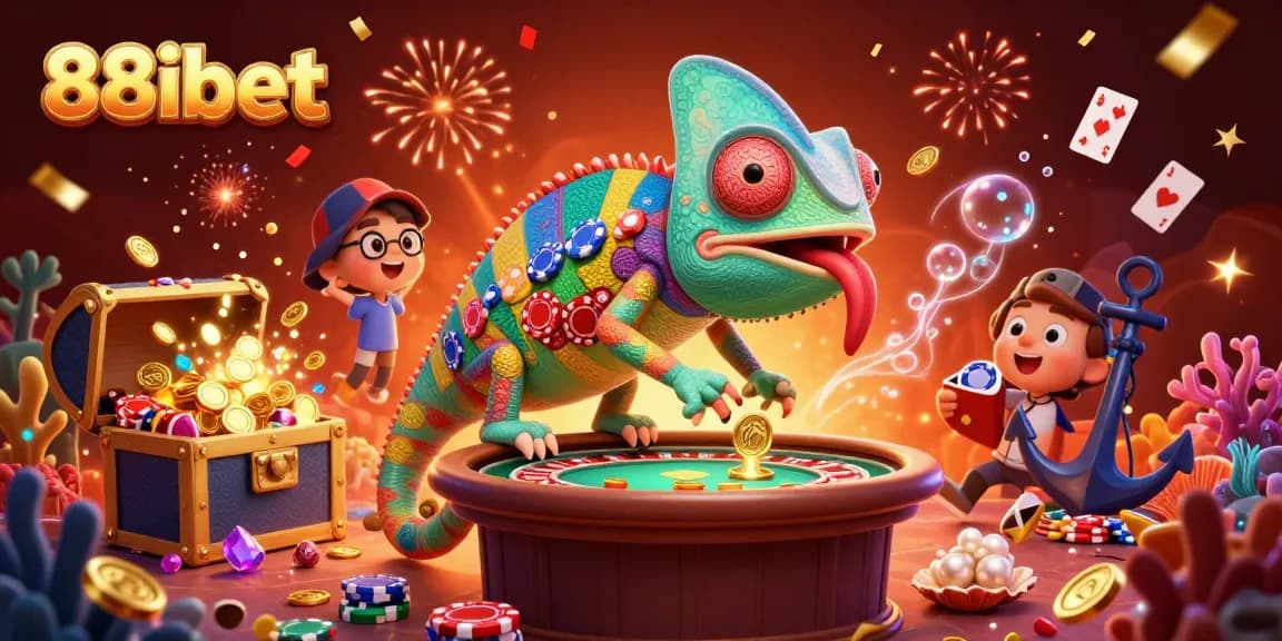 88ibet owners celebrate vibrant casino action with playful chameleon in an energetic 3D setting.