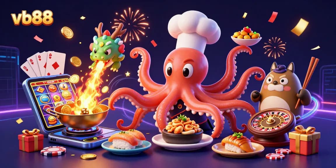Experience vb88 with vibrant gaming excitement featuring a whimsical sushi chef octopus and dragon in a rich casino atmosphere.