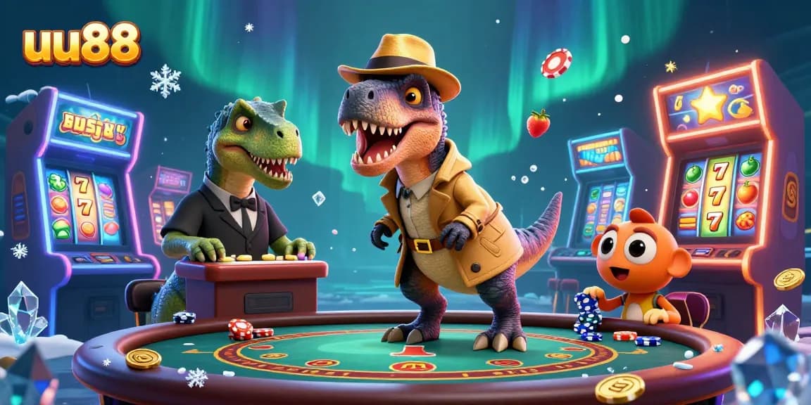 Experience the excitement of uu88 with colorful casino elements, showcasing a velociraptor at the blackjack table.
