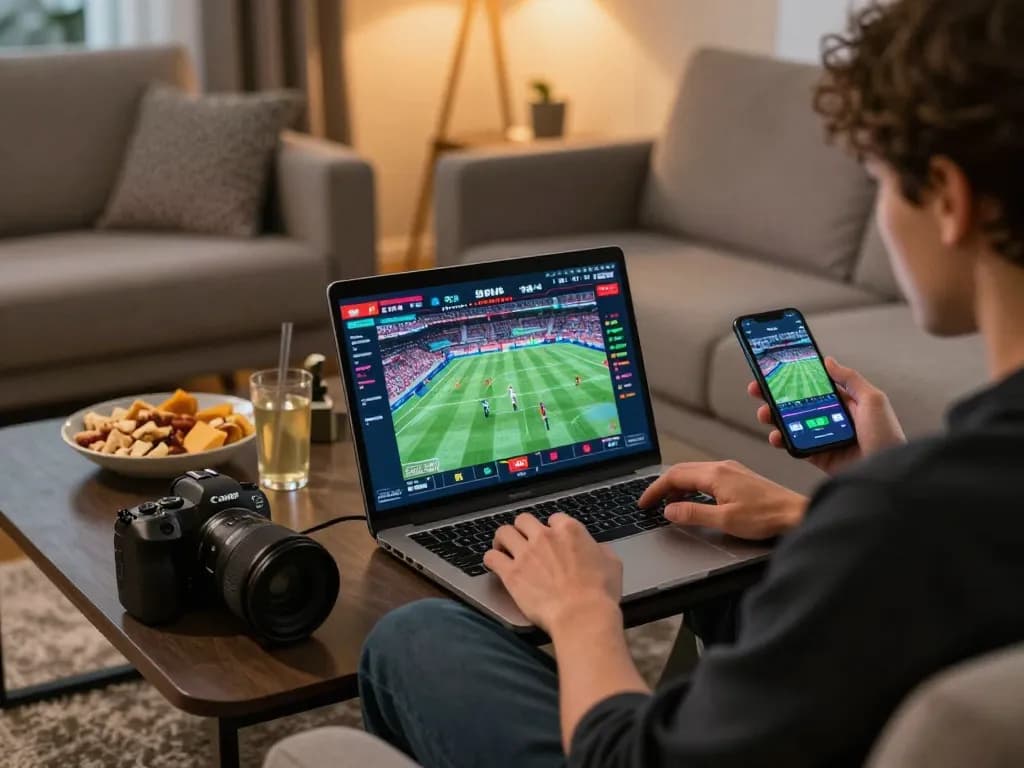 88CLUB sports betting excitement shown with person engaging on laptop and smartphone at home.