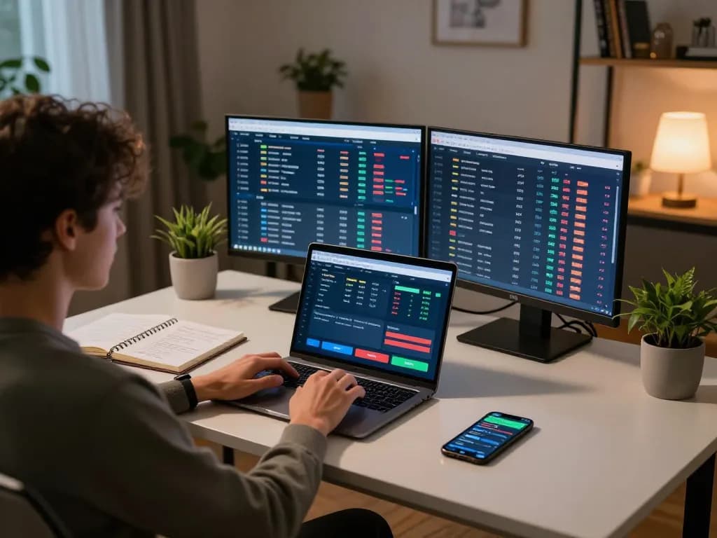 Engaging in online sports betting at https://f168.sarl/ with laptop and mobile app in a stylish home office.