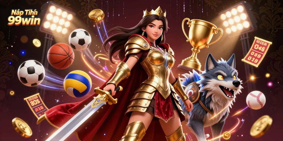 Nạp Tiền 99win engaging gambling action in a vibrant 3D illustration of a warrior queen and glowing wolf.