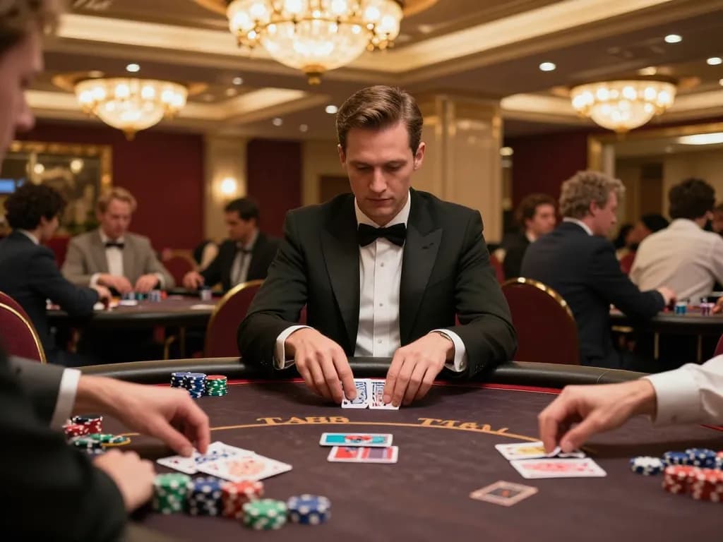 Engaged player at TA88 Casino poker table strategizing during an intense game night.
