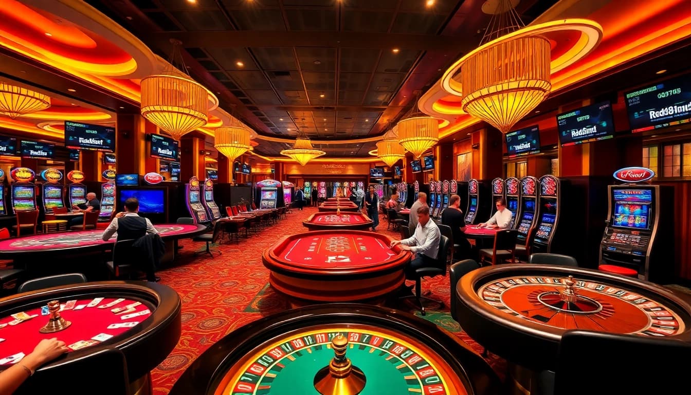 Excited players enjoying thrilling games at the luxurious casino featuring https://red88.codes/.