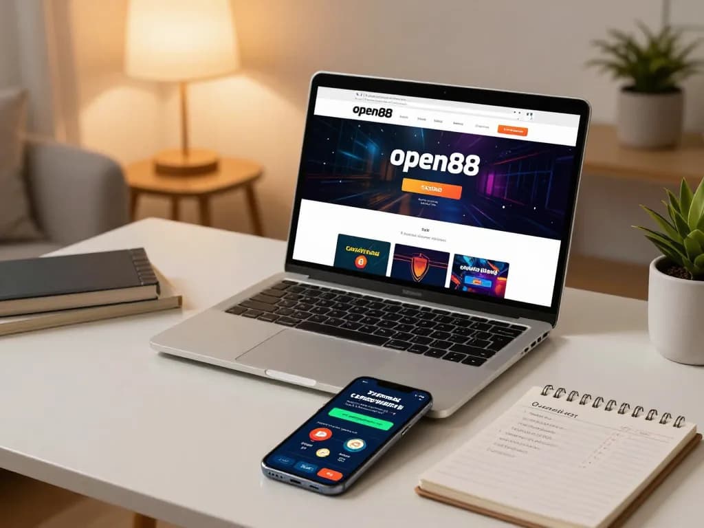 Engaging scene of a player exploring trang chủ open88 online casino with laptop and smartphone setup.