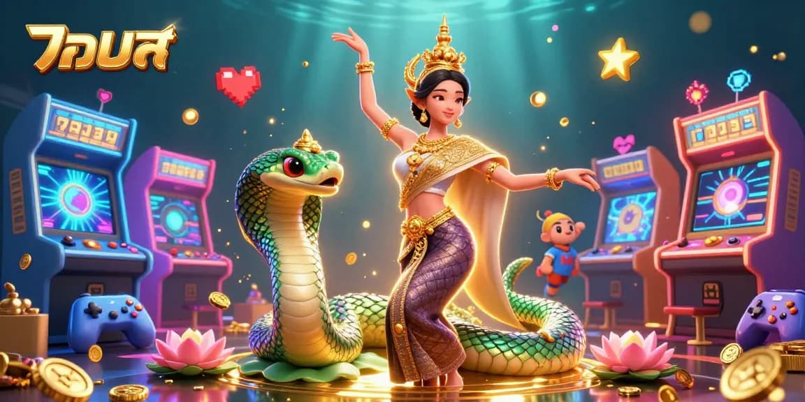 Engage in แทงบอล with an enchanting scene featuring a Thai dancer and a colorful Naga serpent.