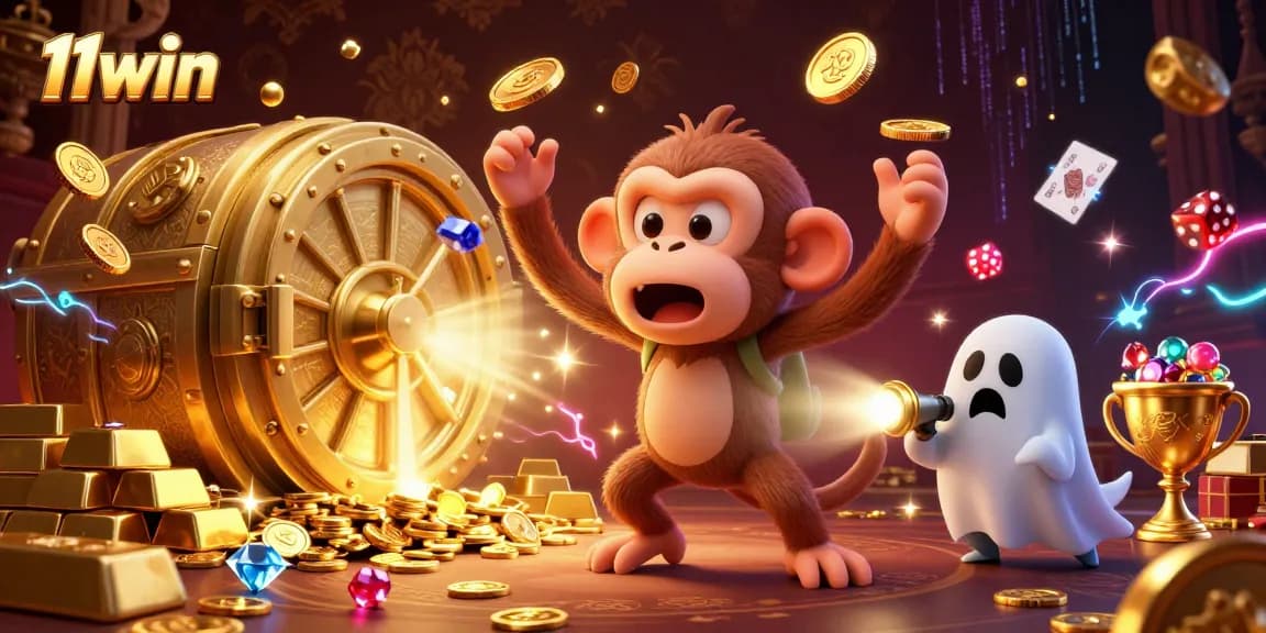 Experience the thrill of 11win with a playful poltergeist monkey juggling golden casino treasures.