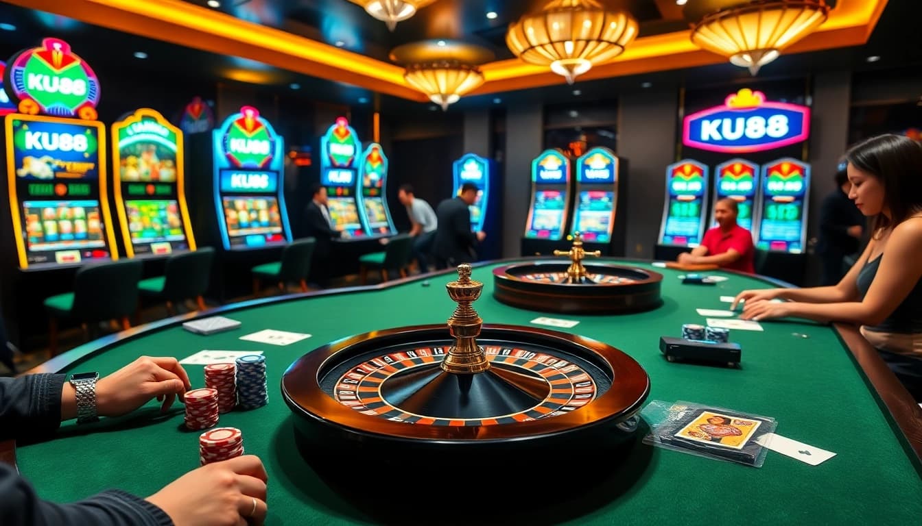 Exciting casino atmosphere at KU88 with players engaging at poker tables and flashing slot machines.