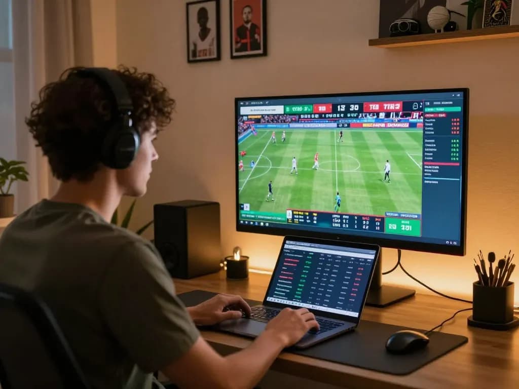 DABET online betting enthusiast analyzing game odds in a stylish home office atmosphere.