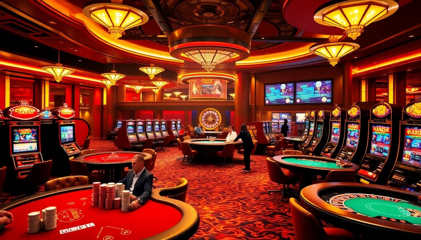 Experience thrilling gambling moments at ABCVIP, featuring poker tables and slot machines in a vibrant casino.