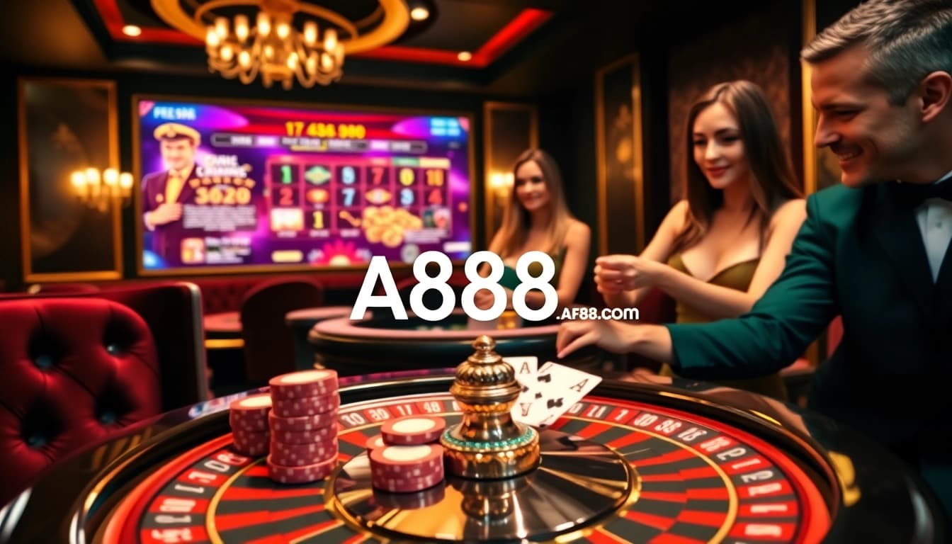 A thrilling scene of online gambling at AF88.com with poker chips and a roulette wheel, showcasing excitement.