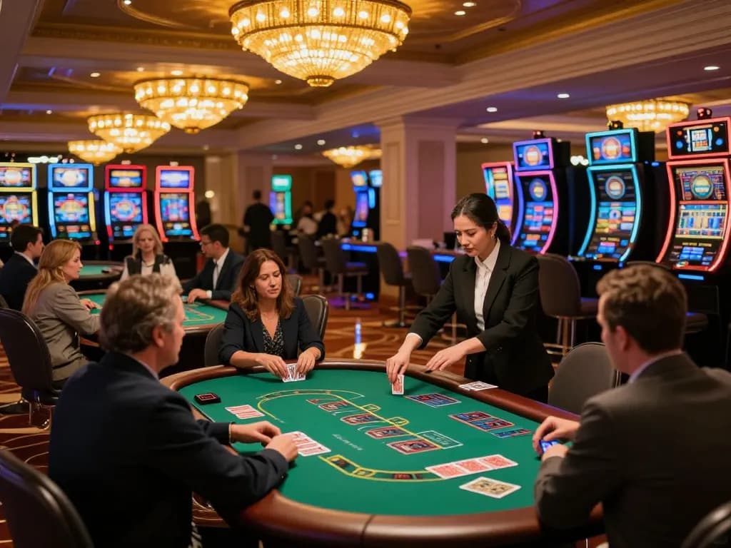 Người chơi tham gia vào trò chơi chiến thuật tại bàn blackjack trong bối cảnh casino cao cấp với LUCK8.