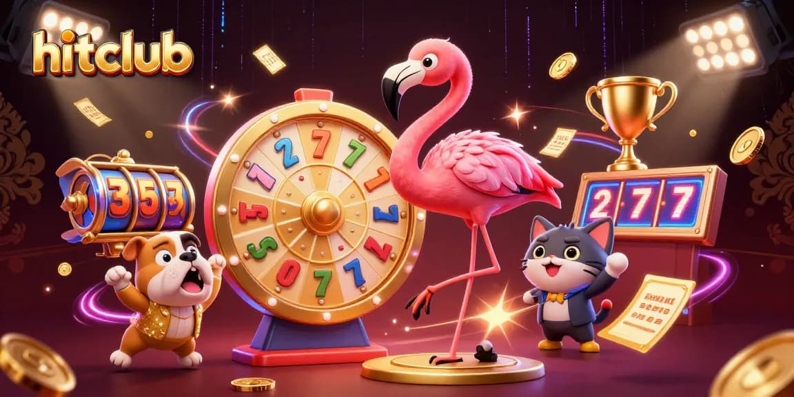 Hitclub showcases an energetic game show scene with vibrant casino elements, engaging players through exciting slot actions.