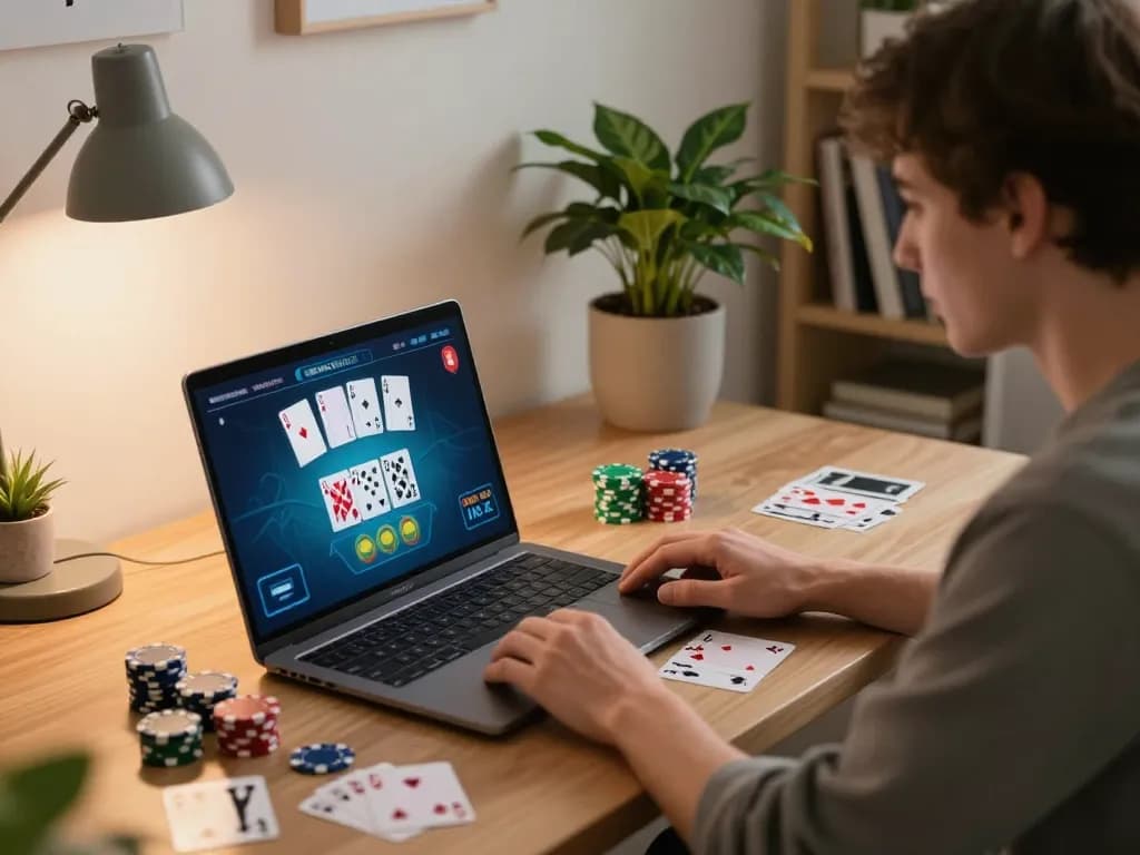 Engaging in a live blackjack game on DEBET from a stylish home office desk