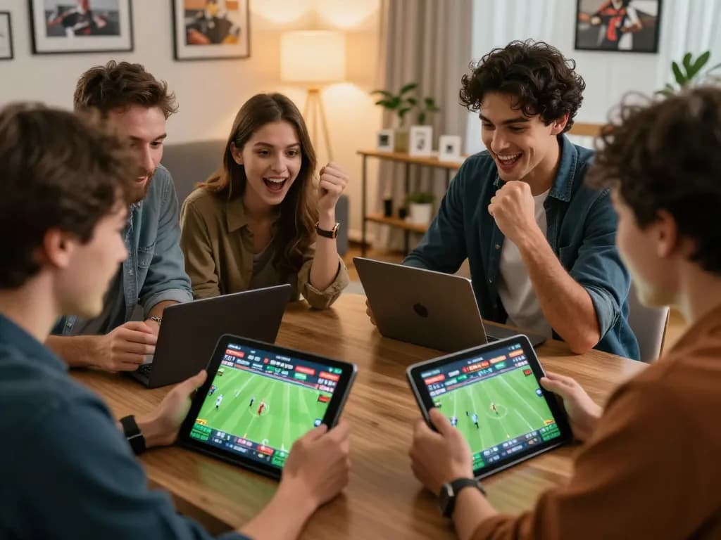 C168 sports betting excitement as friends cheer and place bets during live matches.