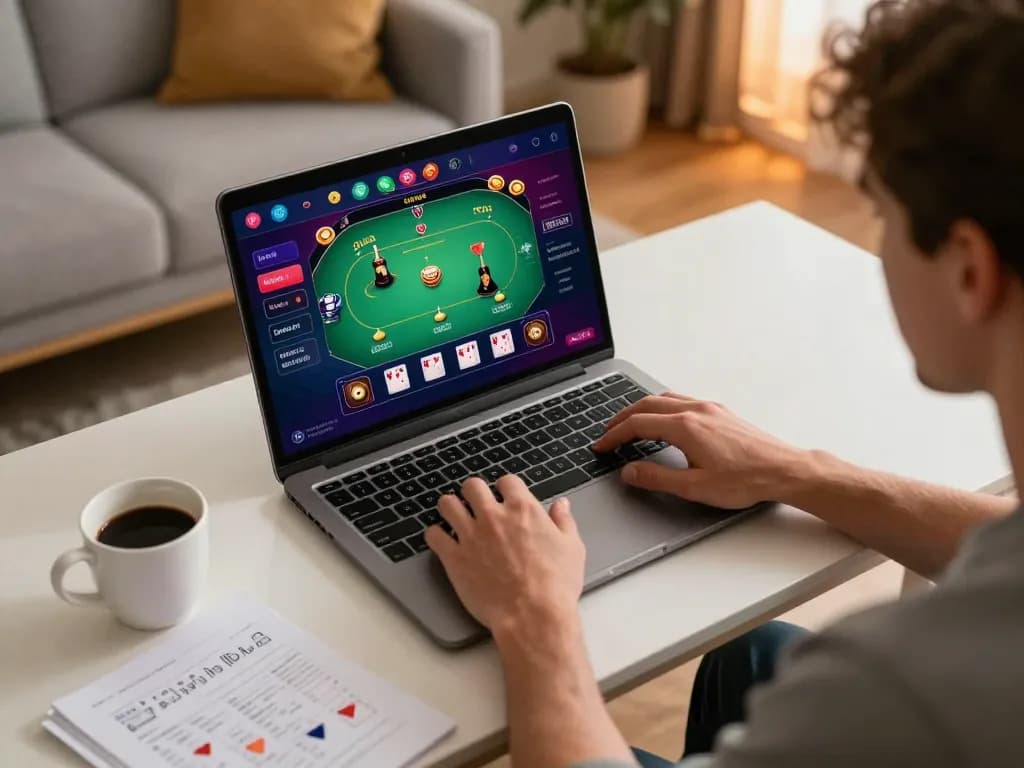 Engaging in online poker gameplay at https://rr88.select/ with a cozy modern setup.