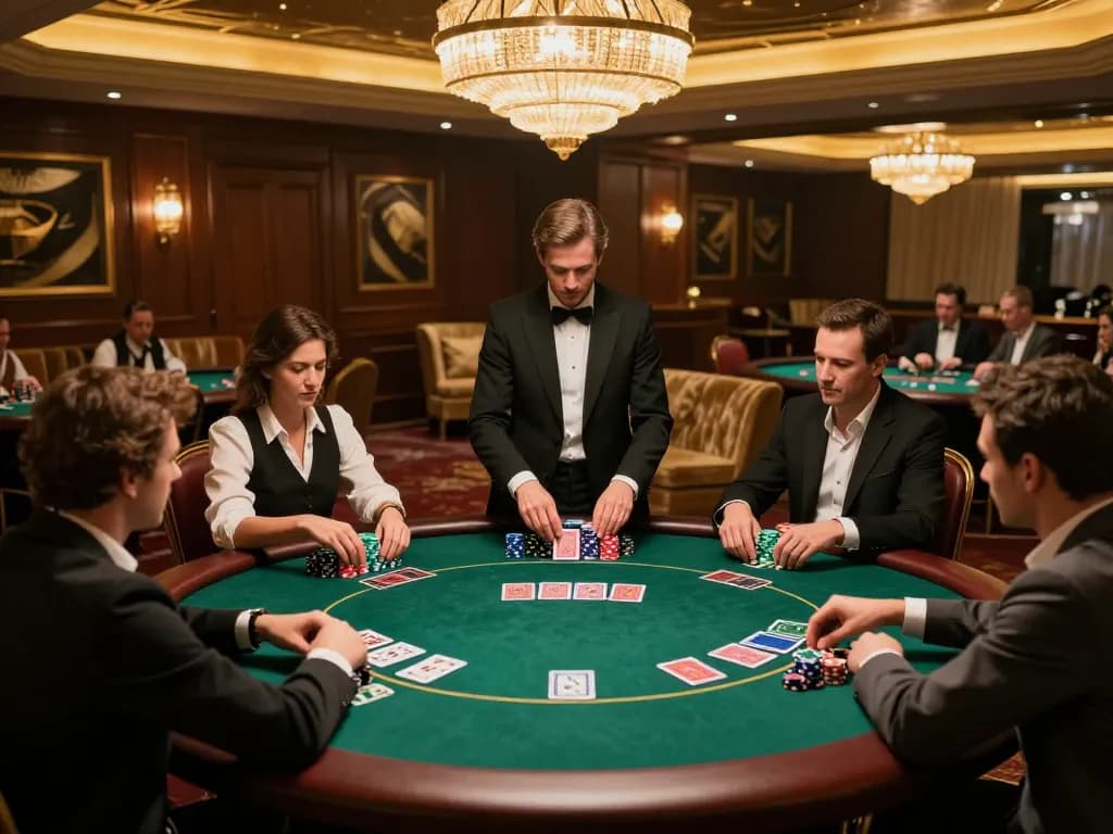 vipwin players are competing in a high-stakes poker game at an elegant casino table.