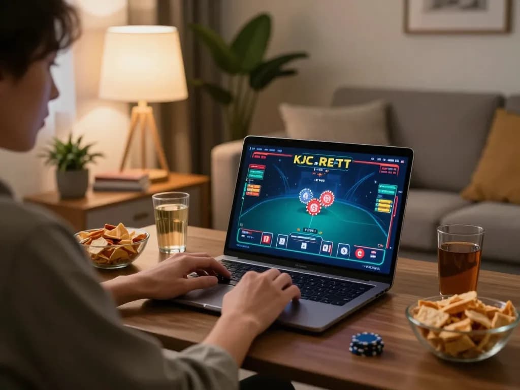 Gambling online on kjc com with a laptop in a cozy living room setting, showcasing an engaging gaming atmosphere.