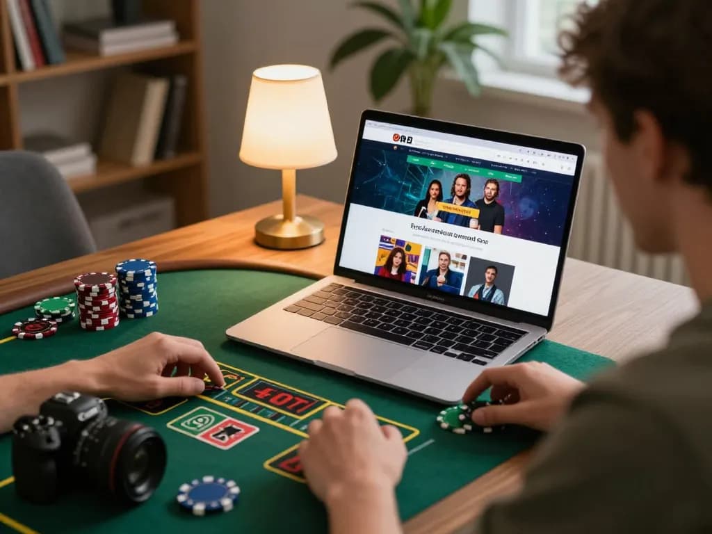 Engaged player enjoying LODE88's live dealer game on laptop in a cozy home setting.