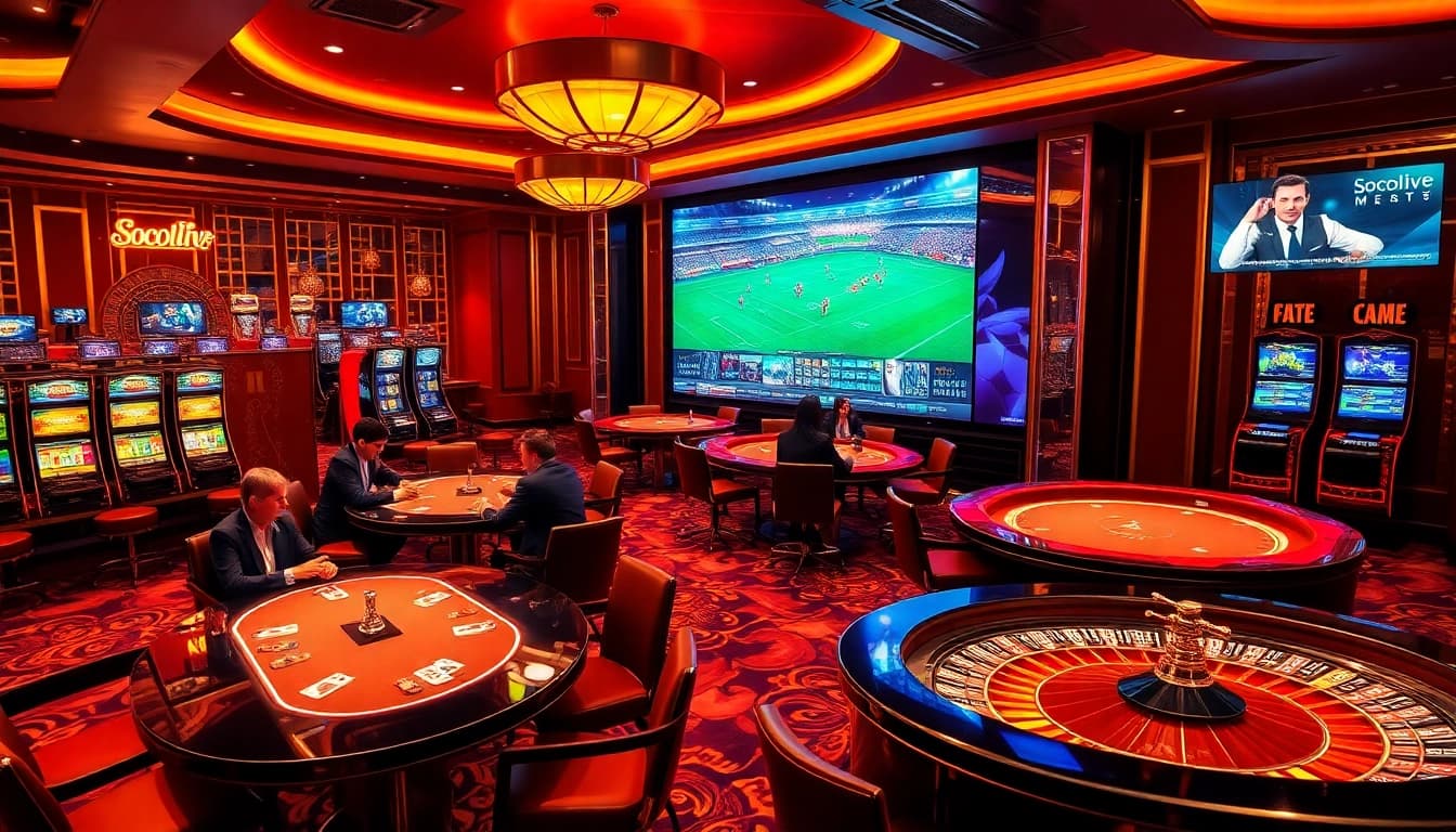 Socolive stream showcasing interactive casino games with vibrant lighting and engaging players.