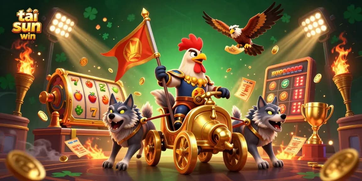 Engage in the thrilling experience of tải sun win, showcasing a dynamic 3D cartoon casino scene with a rooster warlord and symbols of luck.