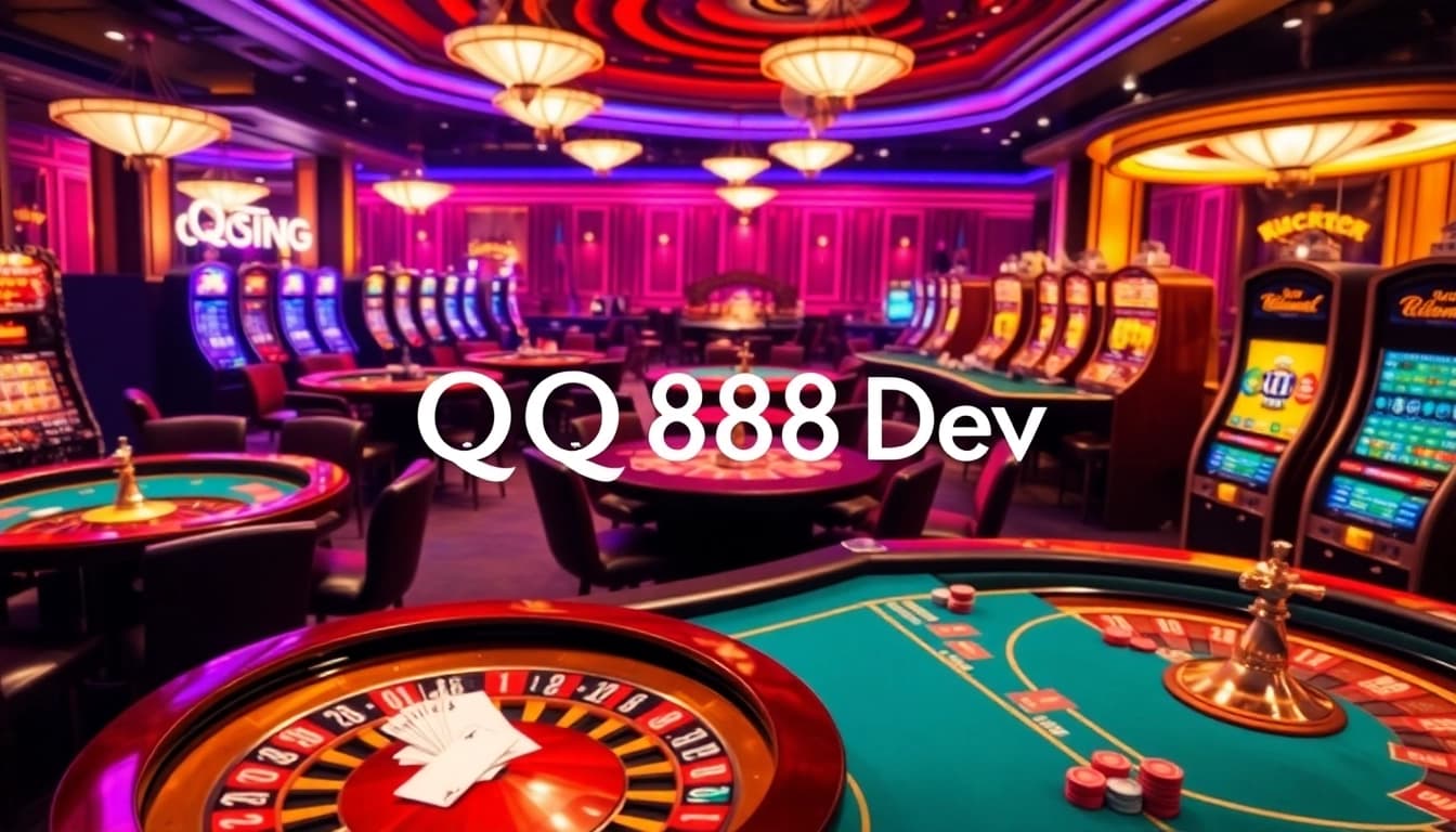 Engaging scene showcasing QQ888 Dev with luxurious casino tables and excitement of gamblers.