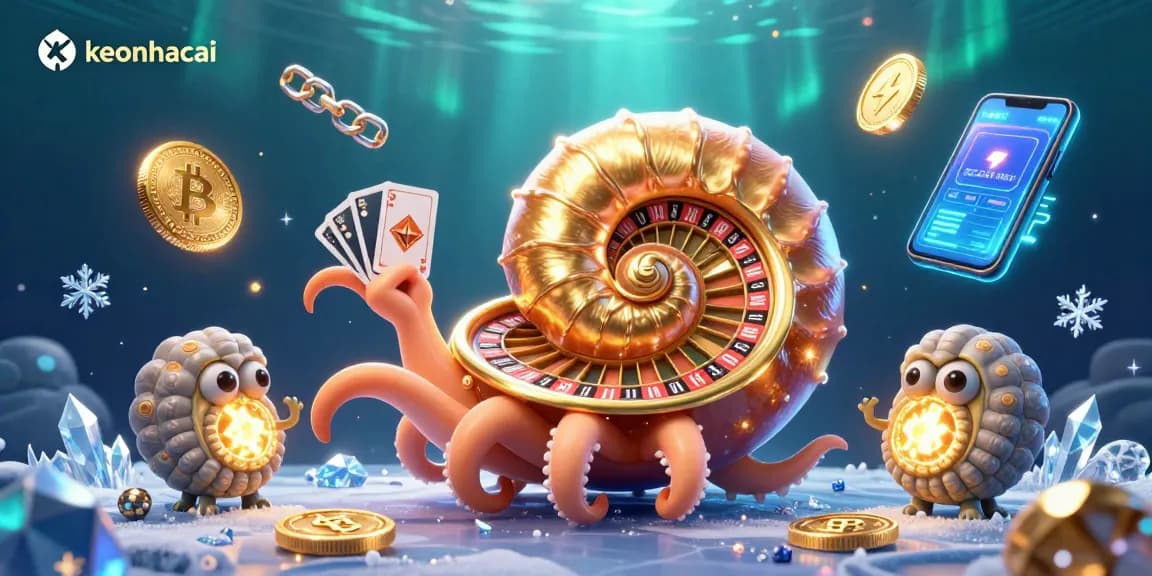 Spin the roulette wheel with keonhacai's giant nautilus in a vibrant casino scene filled with crypto elements.