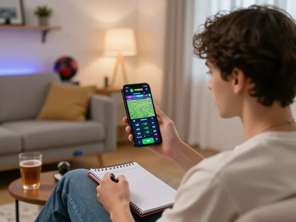SIN88 user engaged in sports betting on smartphone with real-time odds in a cozy living room.