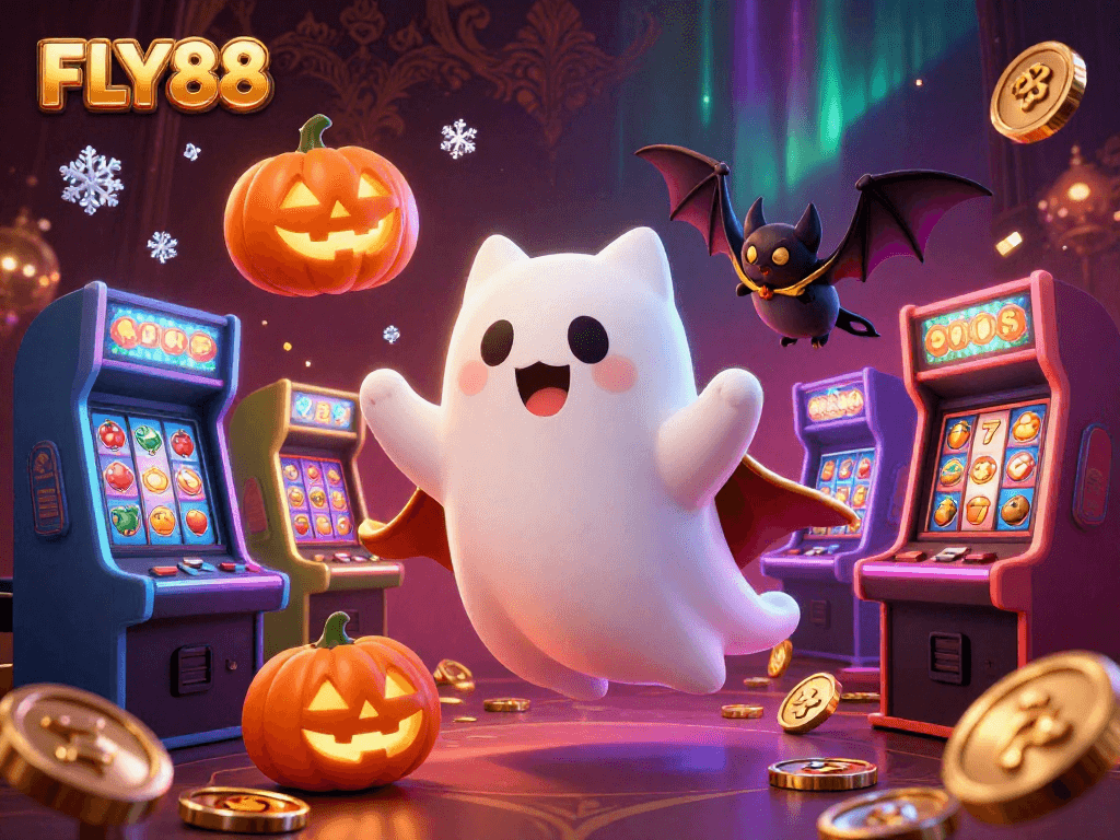 Engage with FLY88 in a vibrant casino world, featuring playful ghost cats and immersive gaming elements.