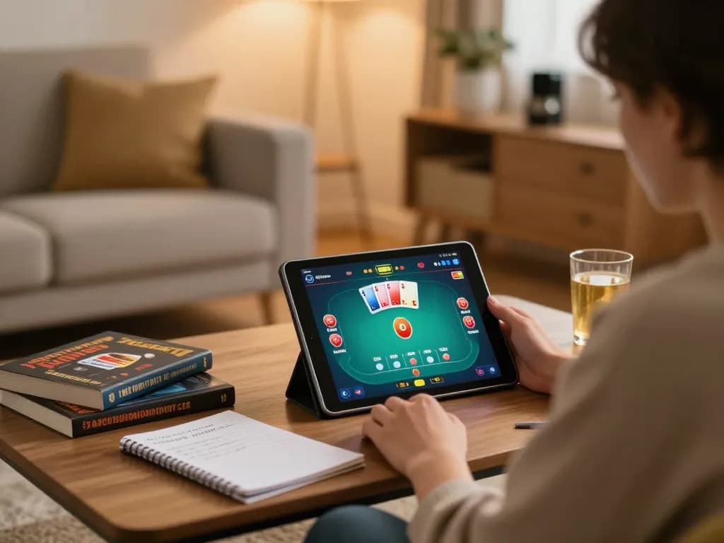 Engaged in online poker game at home, rikvip gaming experience with colorful tablet interface.