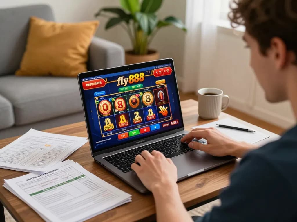 Person interacting with the fly888 online casino interface while gaming from home, showcasing dynamic gameplay.