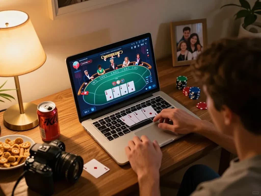 Player engaged in online poker at home using EQ9 platform, showcasing interactive gameplay and snacks nearby.