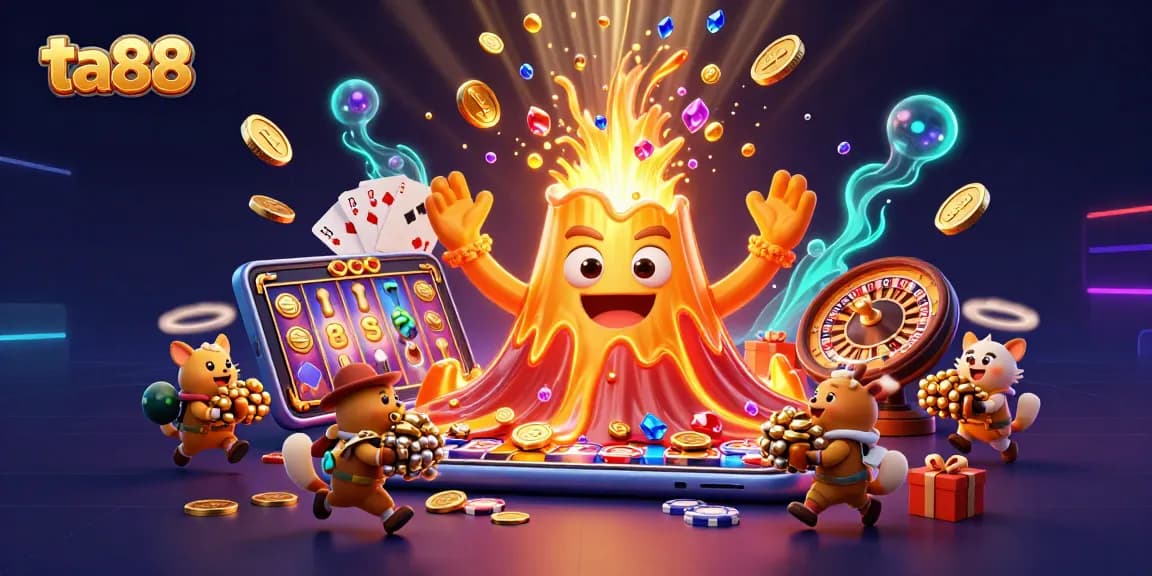 Experience thrilling gameplay with ta88's golden volcano erupting treasures and vibrant casino elements.