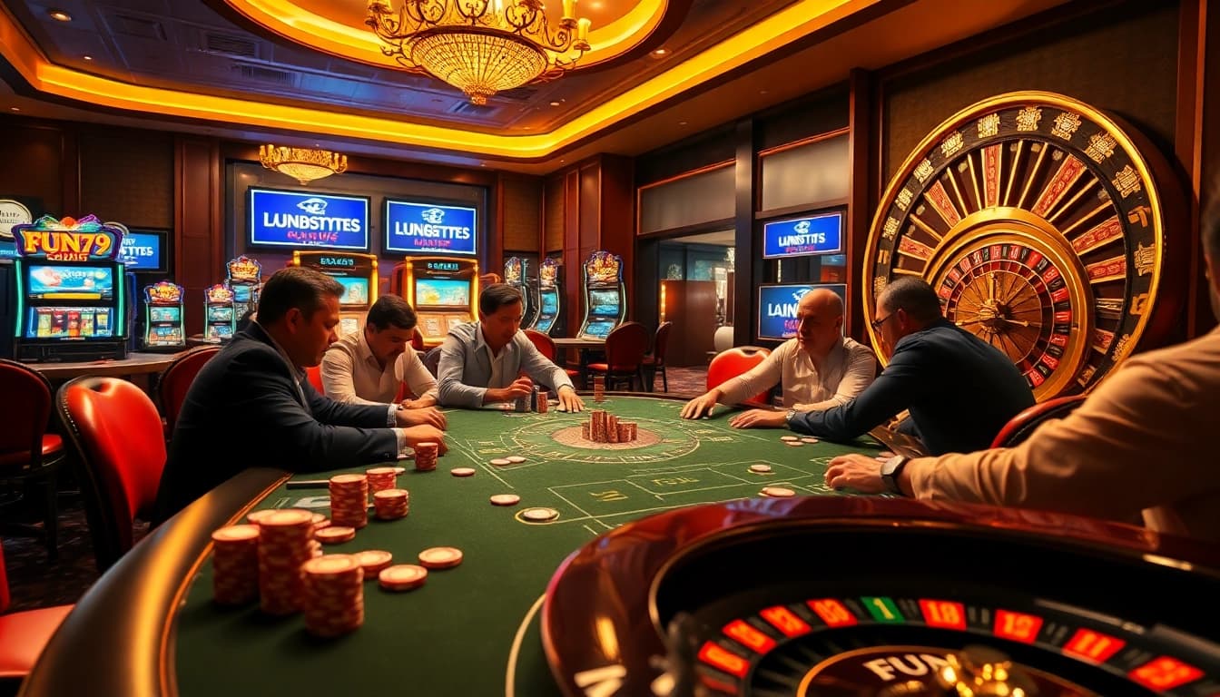 Players engage in thrilling poker action at a luxurious FUN79 casino table.