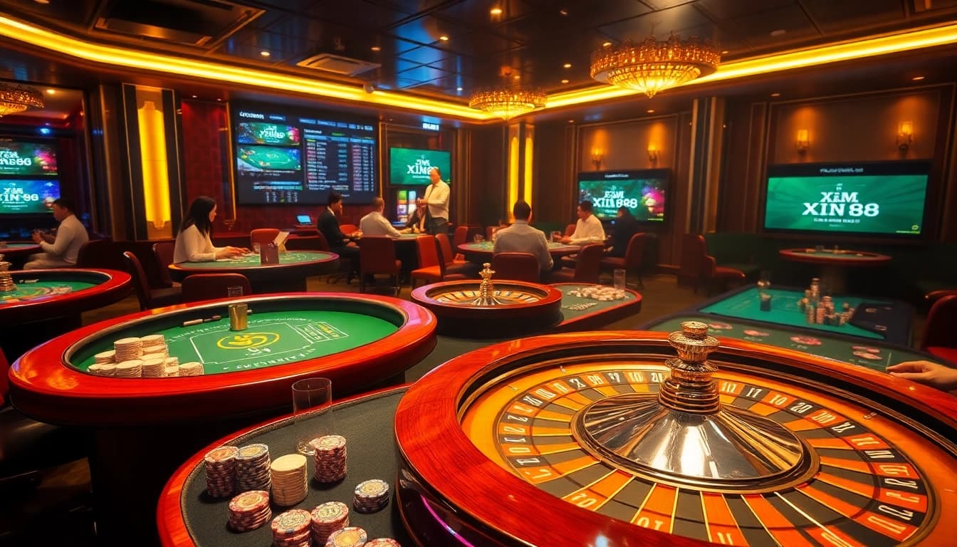 Intense gameplay at Xin 88 casino, showcasing vibrant poker chips and roulette wheel.