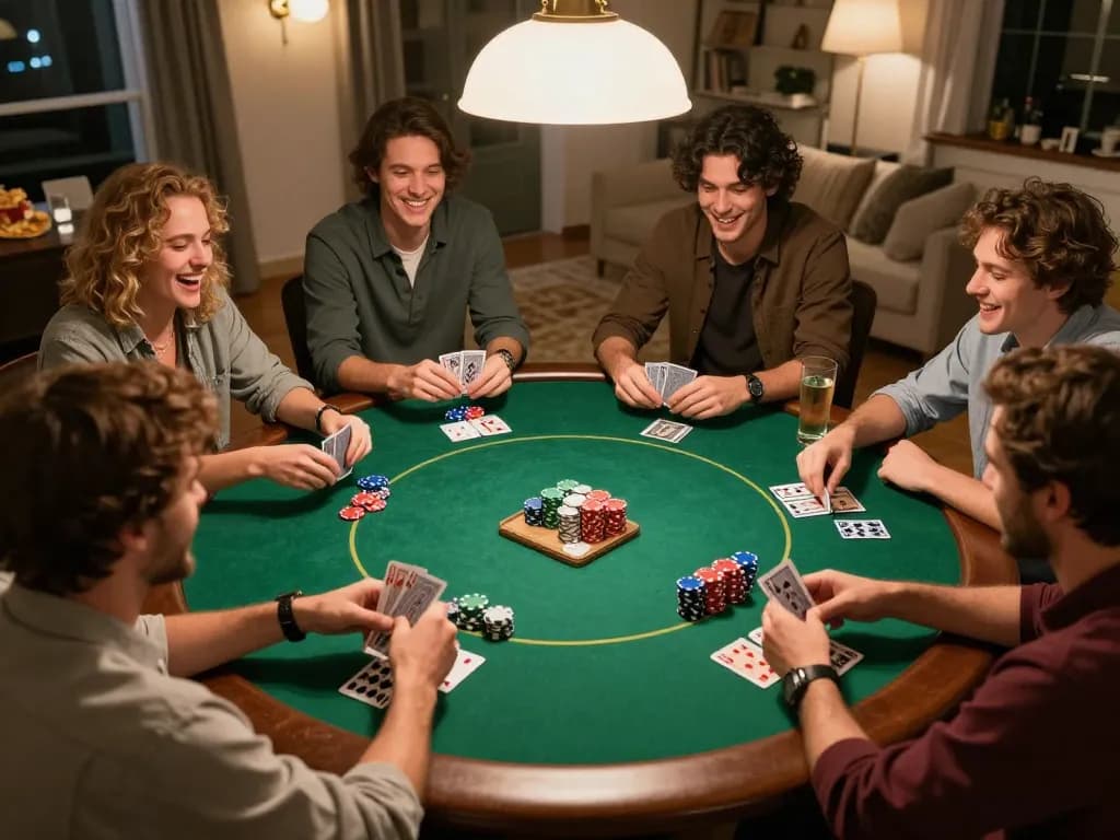Hitclub4 players strategizing in a friendly poker game, vibrant atmosphere with chips and cards.