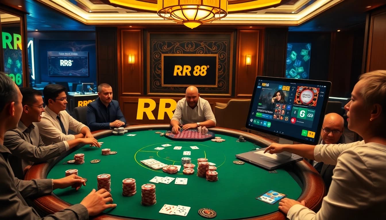 Exciting casino scene featuring RR 88 branding with poker players and vibrant gaming elements.
