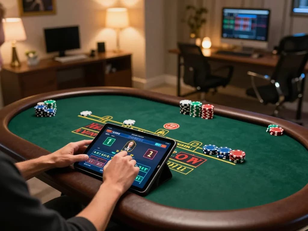 Enjoying a live dealer game at lc88 casino on a tablet in a stylish home office setting.