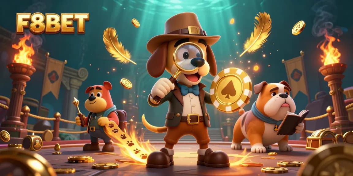 F8BET detective discovering golden poker chips amidst swirling casino elements, revealing hidden treasures.