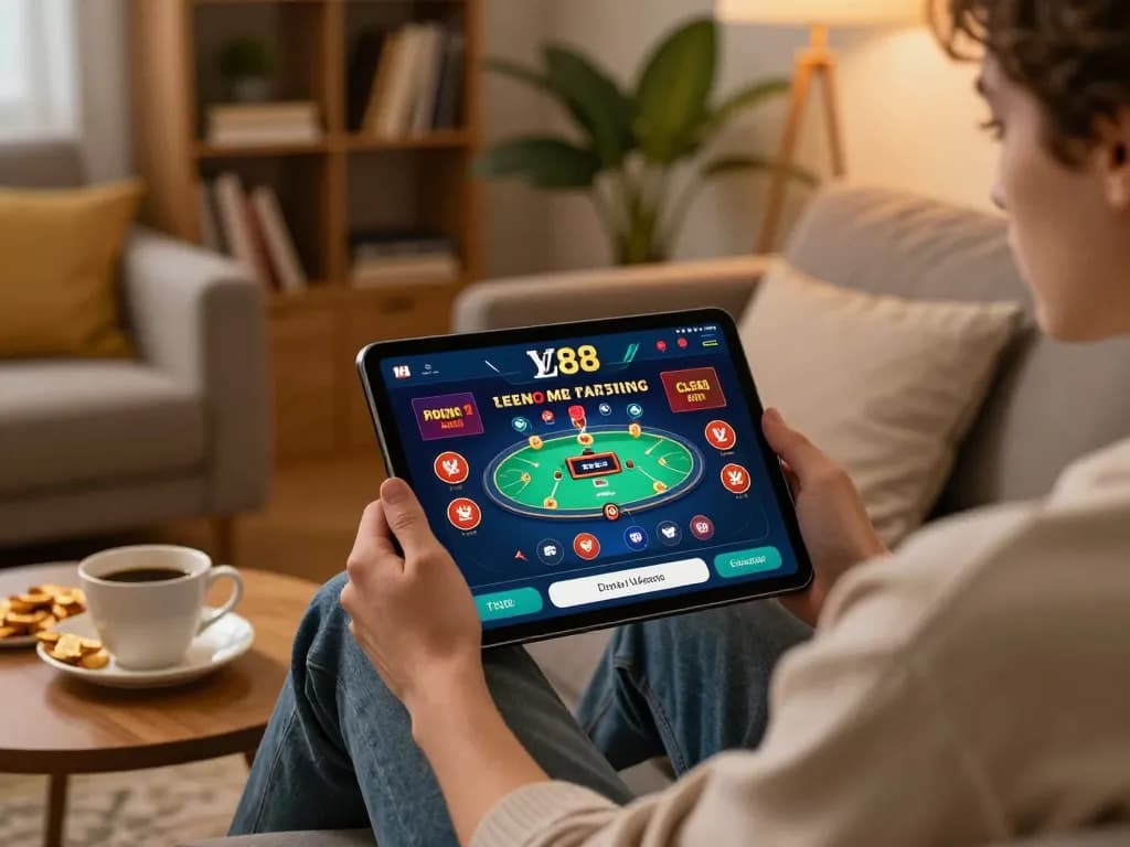 Player enjoying LV88 casino app gameplay on a cozy sofa with snacks and warm lighting.