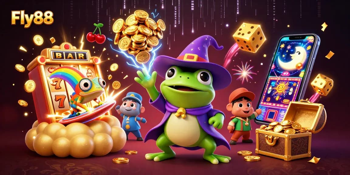 Experience the thrill of Fly88 with a vibrant 3D illustration featuring magical casino elements and characters.