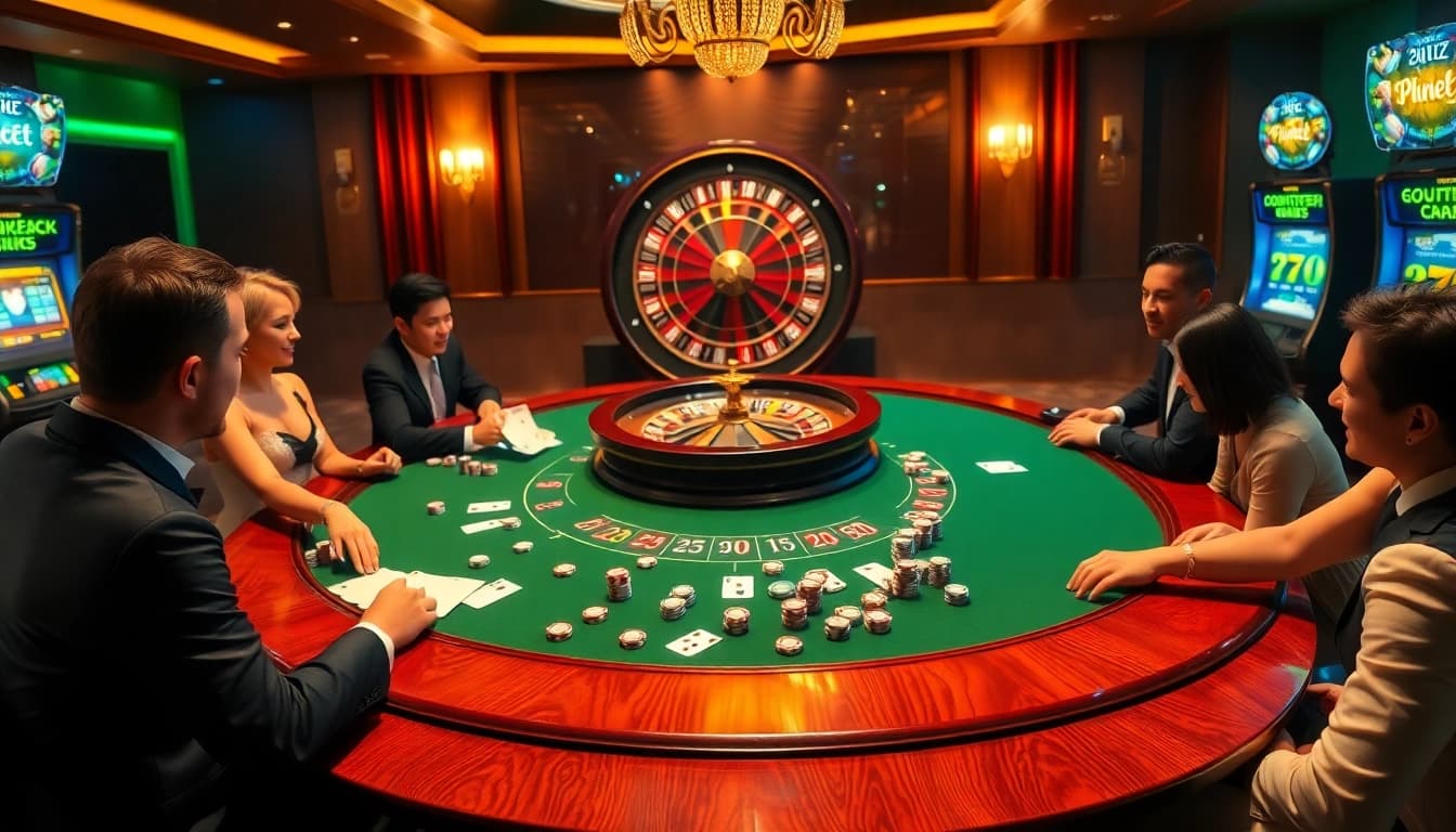 Experience 22JL online casino thrills with poker chips and vibrant roulette wheels in a luxurious setting.