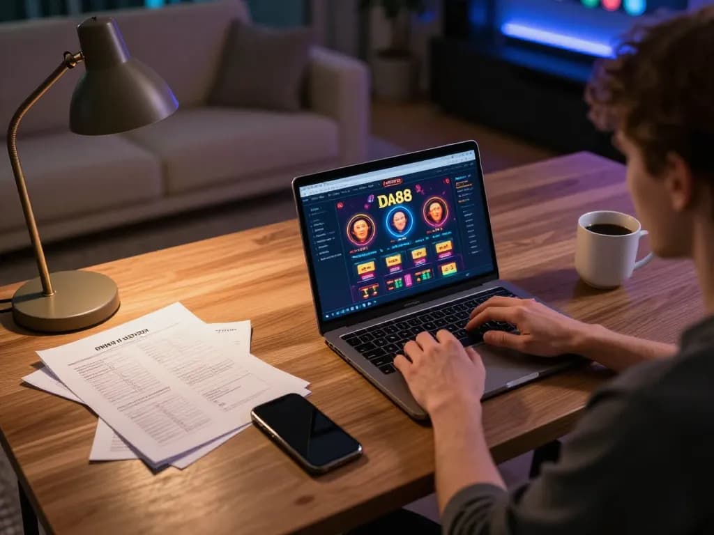Engaging with DA88 online casino on a sleek laptop, showcasing a betting strategy